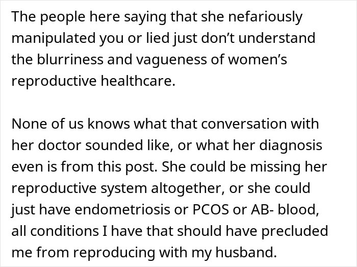 Text discussing women's reproductive health challenges related to a wife's secret about being unable to have kids.