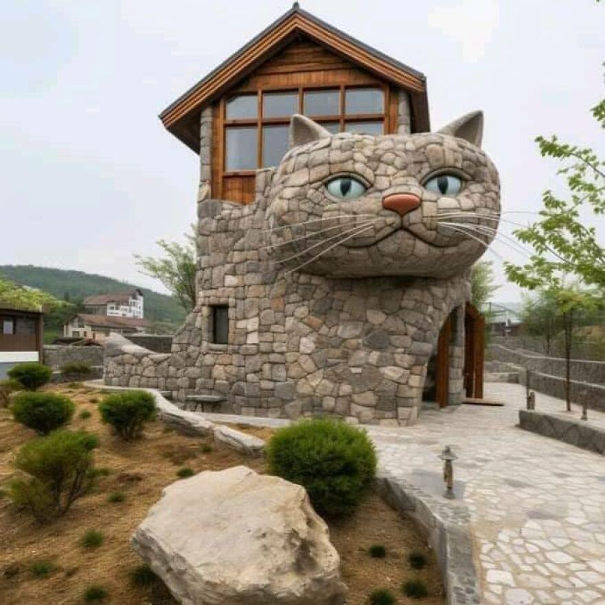 Stone building designed as a cat, showcasing unconventional architecture.