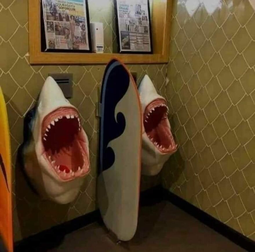 Shark-themed urinals with surfboard divider, illustrating poor architecture design choices.