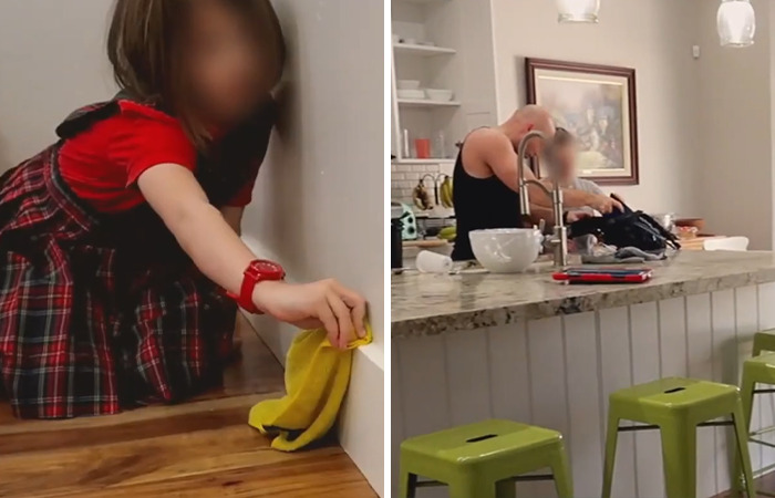 Child cleaning and a kitchen scene highlighting issues from a Ruby Franke docuseries about momfluencer abuse.