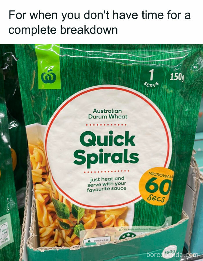 Pack of Quick Spirals pasta with text about mental health memes for a quick meal.