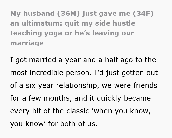 Text about a husband's ultimatum to his wife teaching yoga, impacting their marriage.