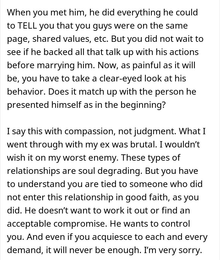 Text analyzing a controlling relationship ultimatum involving teaching yoga and marriage issues.