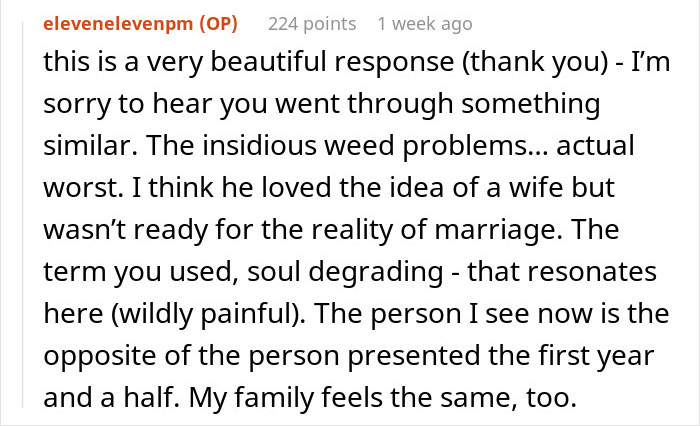 Comment discussing marriage challenges and personal growth, related to a husband's ultimatum about quitting yoga teaching.