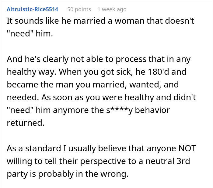 Online comment discussing a marriage issue related to yoga teaching ultimatum.