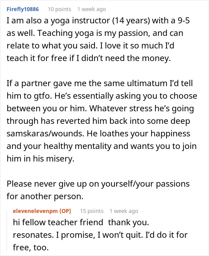 Reddit thread discussing a husband's ultimatum to quit teaching yoga or end the marriage.