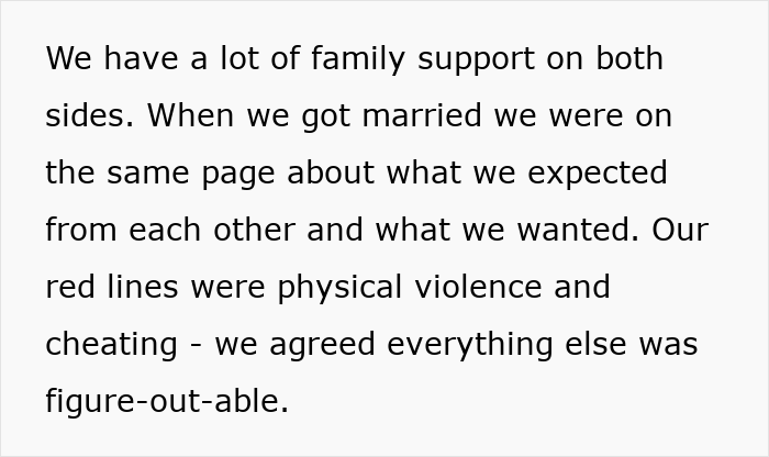 Text about marriage expectations emphasizing family support and agreed boundaries against violence and cheating.