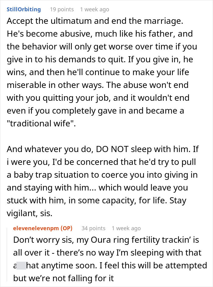 Reddit conversation about husband giving wife an ultimatum related to quitting yoga or ending marriage.