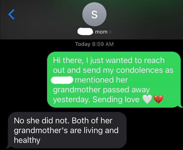 Confusing text exchange about a nonexistent grandmother's passing.