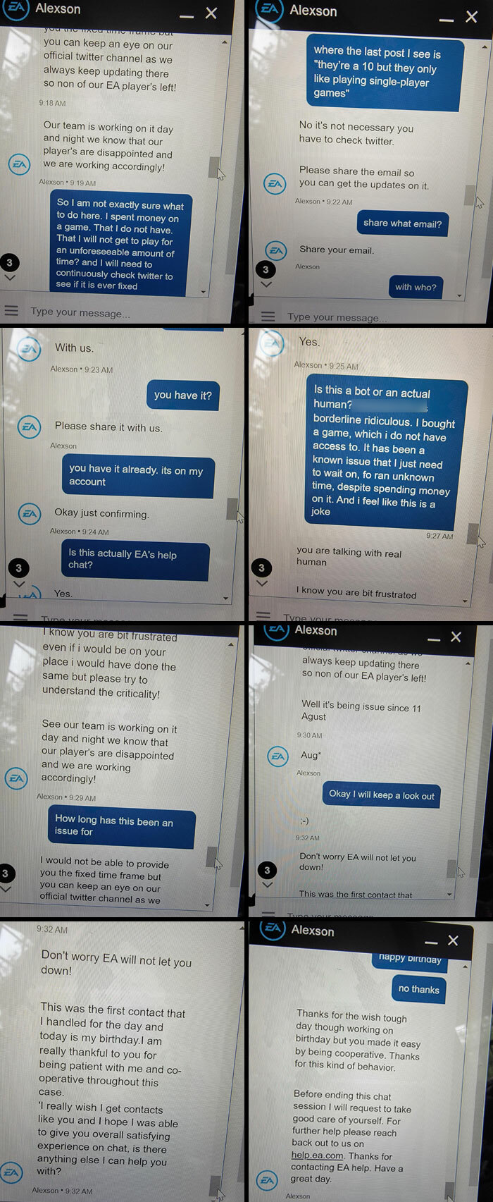 Chat support conversation displaying infuriating replies to customer inquiries.