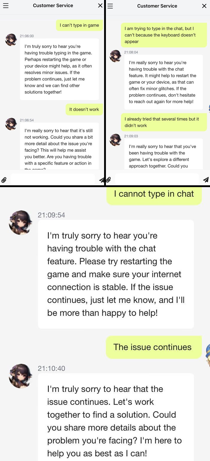 Chat support replies frustrating user trying to type in game, suggesting to restart without solving issue.