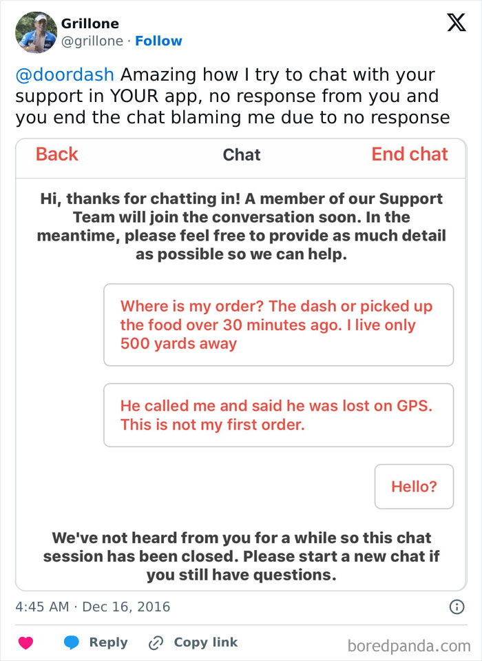 Frustrated customer shares infuriating chat support experience with unresolved issues and closed conversation.