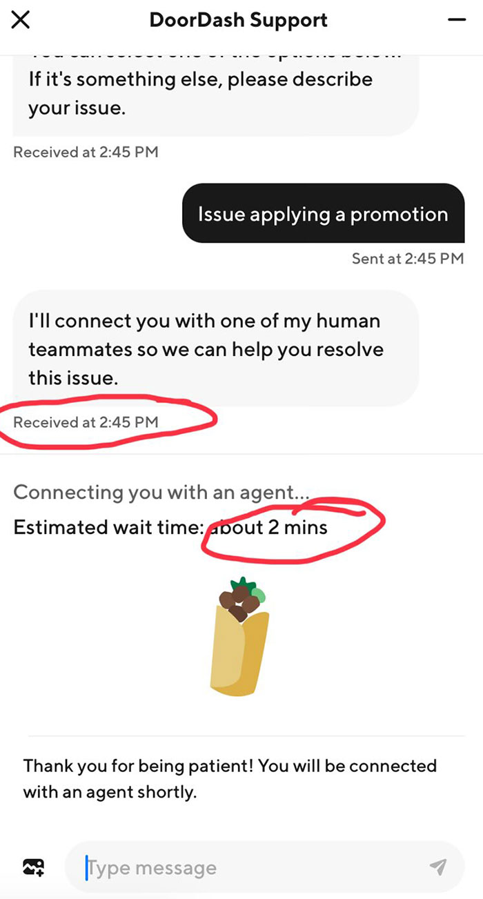 Chat support reply with estimated 2-minute wait for human assistance regarding a promotion issue.