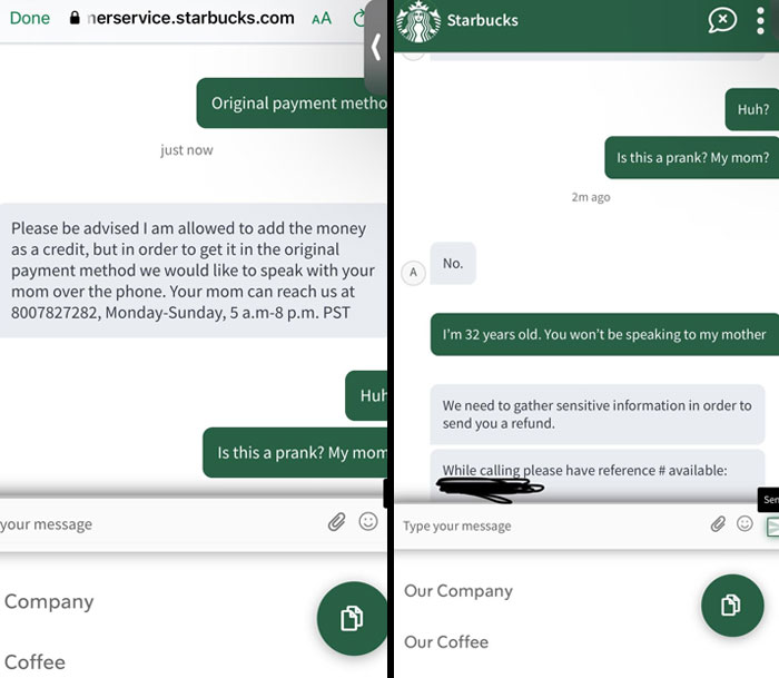 Customer frustrated with chat support response requesting to speak with their mom for a payment issue.