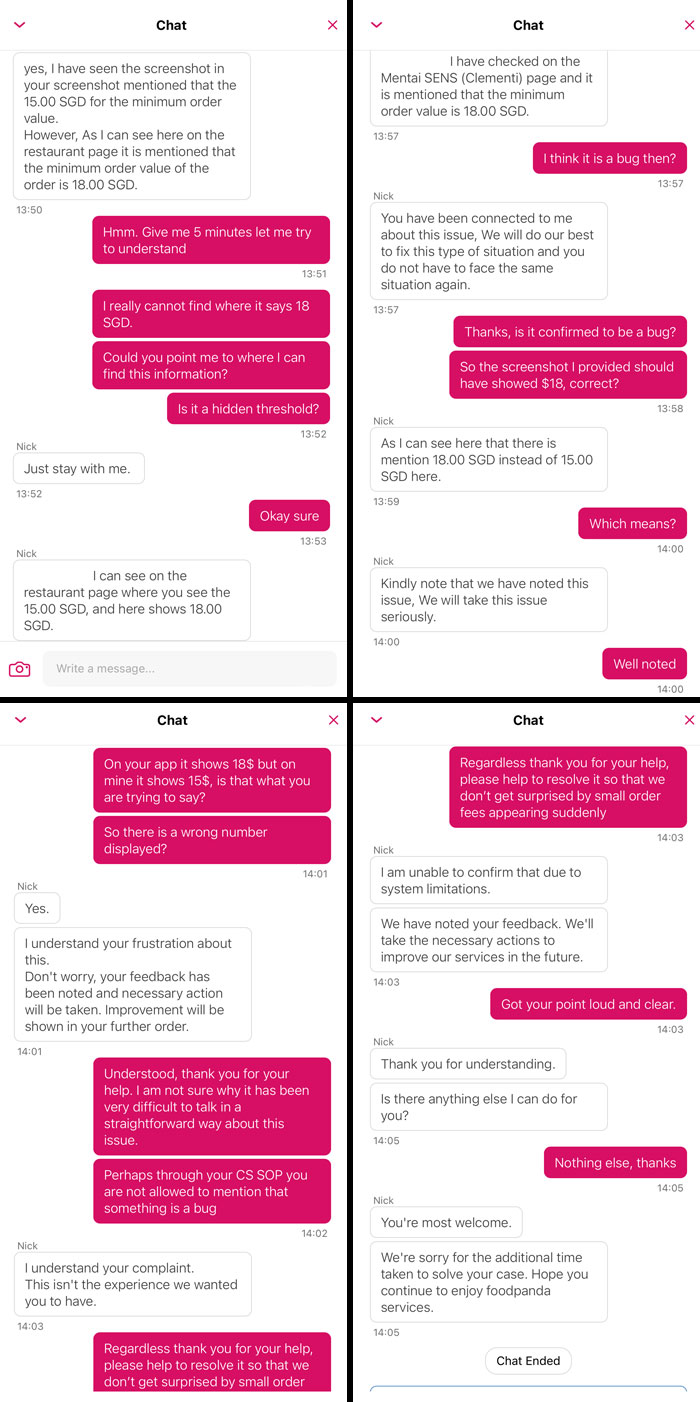 Chat support conversation showing infuriating replies about inconsistent minimum order values, causing customer frustration.