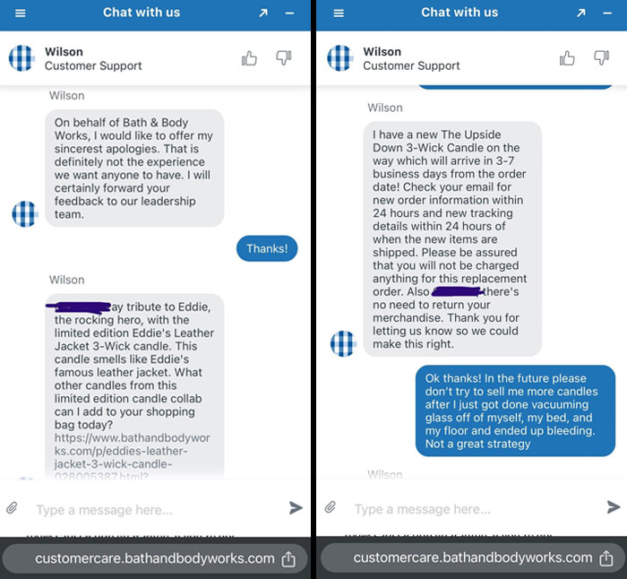 Customer support chat exchange showing infuriating replies about candle orders and replacement policies.
