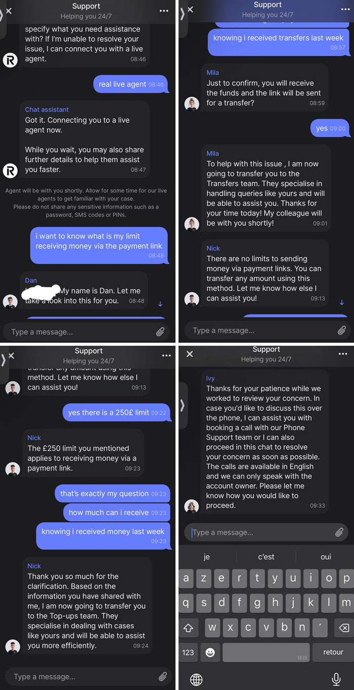 Chat support screenshots illustrating infuriating replies about payment limits and confusing transfer processes.