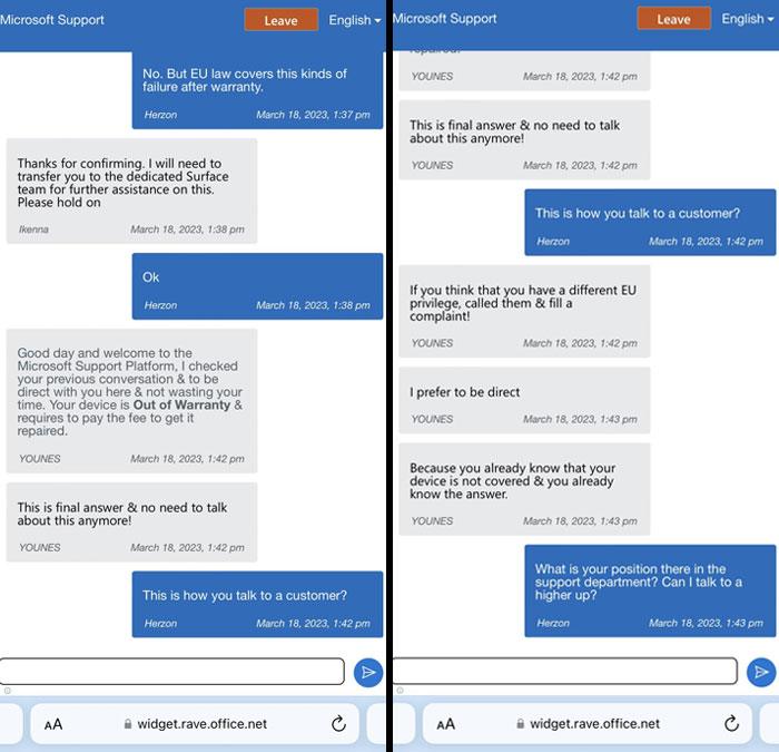 Chat support exchange showing infuriating replies about warranty coverage and customer service dissatisfaction.