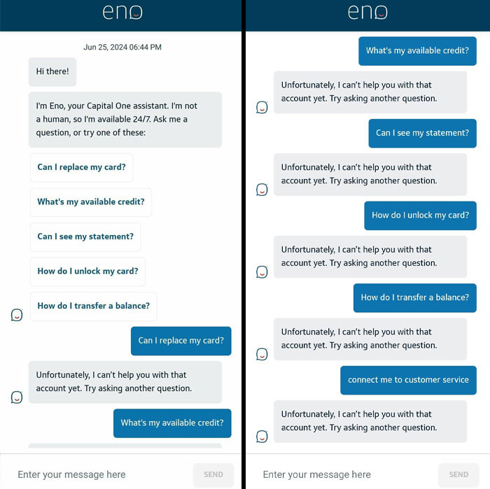 Chat support replies showing repeated inability to assist with user queries.