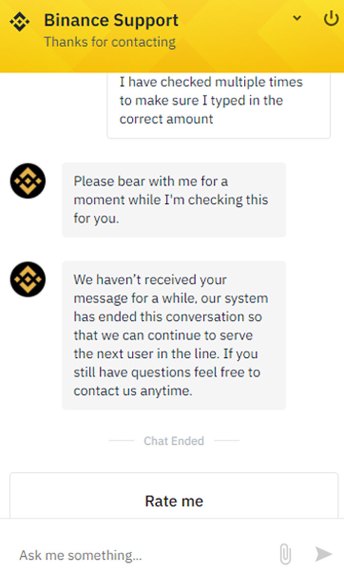 Binance support chat with infuriating replies, conversation ended without resolution, rate and feedback options visible.