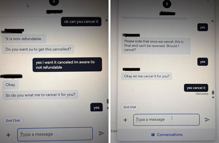 Chat support replies prompting frustration over cancellation request.