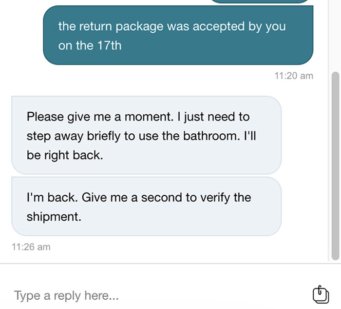 Chat support replies delay shipment verification with personal break.