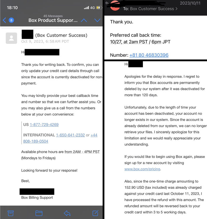 Infuriating chat support replies showing email screenshots about deactivated account and deleted files from Box Customer Success.