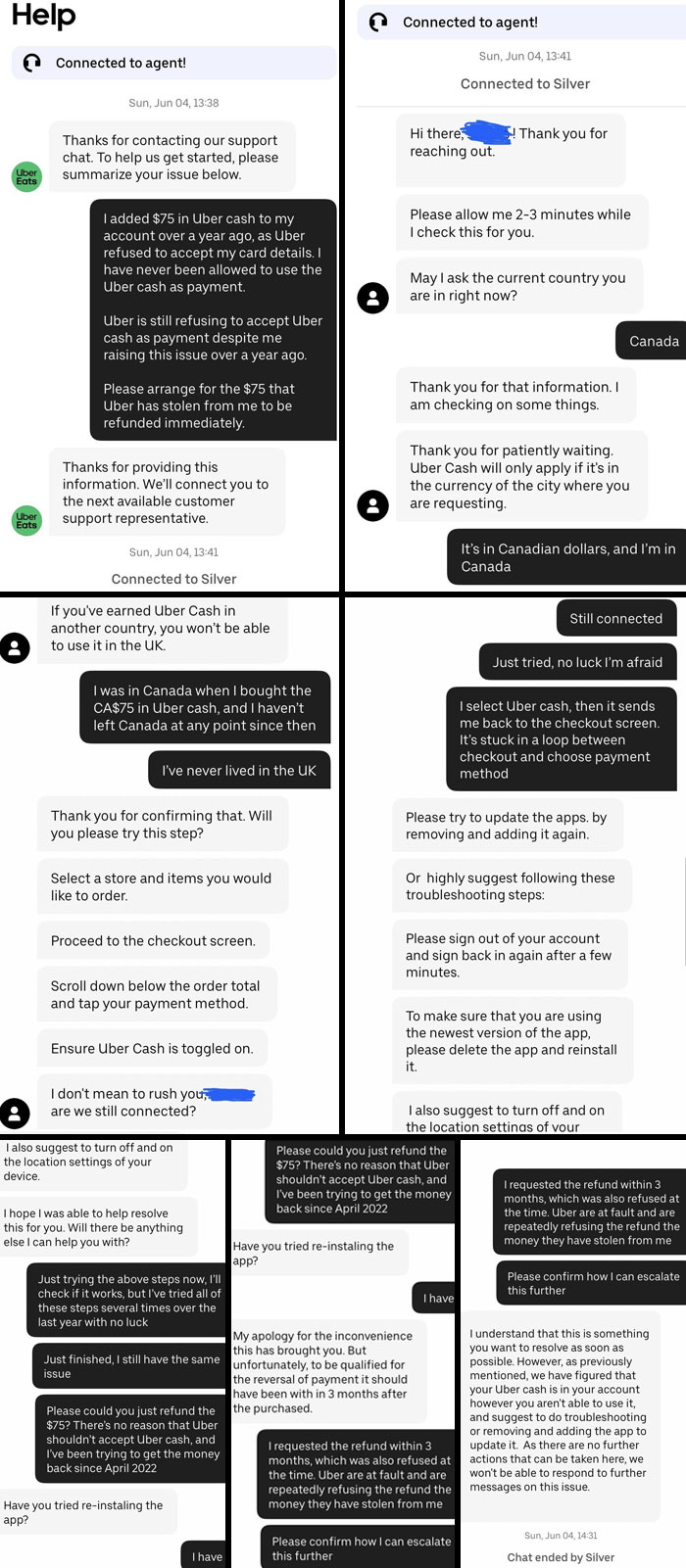 Infuriating chat support replies in a frustrating customer service conversation with Uber Eats over a refund issue.