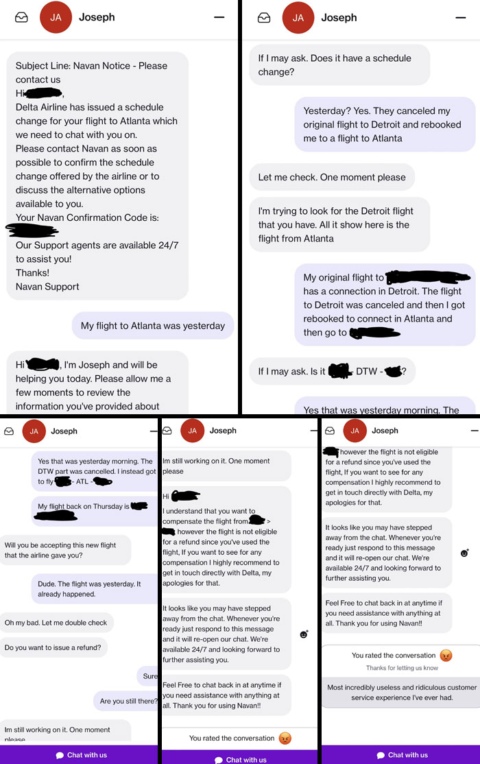 Chat support exchange highlighting frustrating replies about a flight change.