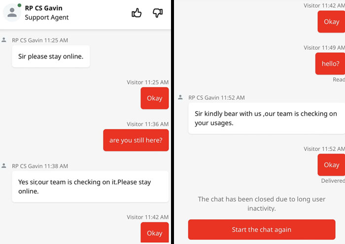 Chat support conversation showing a customer waiting for a response, highlighting infuriating replies and delays.