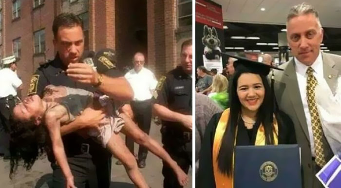 A police officer rescues a child, who later graduates, highlighting interesting facts about life transformations.