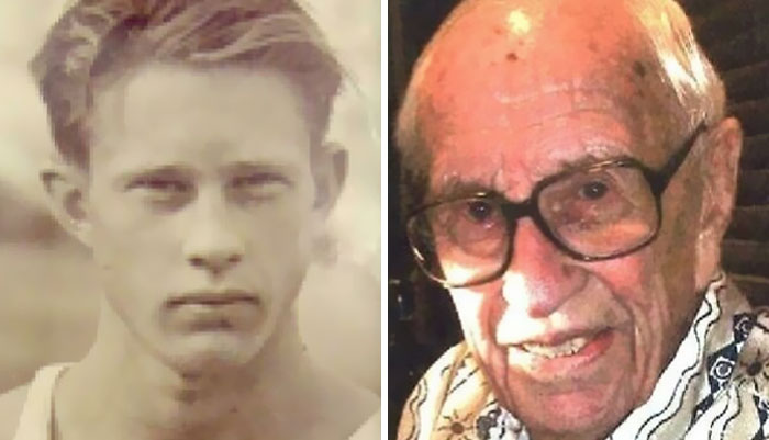 Young and old photos of the same man, illustrating interesting facts about aging and transformation.