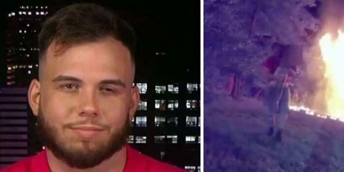 Man in a red shirt beside an image of a fiery scene at night, symbolizing interesting facts.