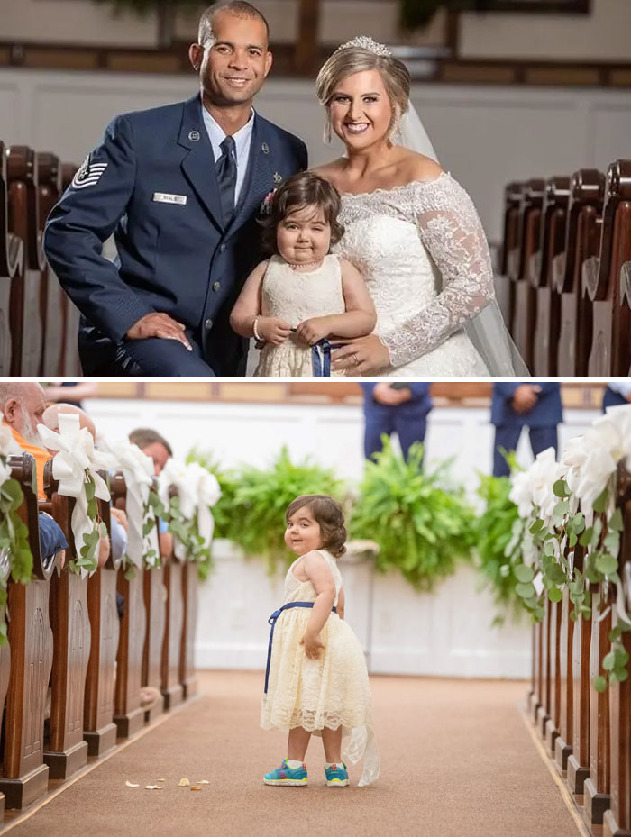 Bride and groom with a child at a wedding, capturing an interesting family moment in the ceremony aisle.