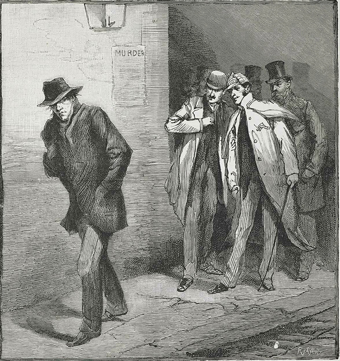 Engraving showing detectives investigating Jack the Ripper's possible identity on a dimly lit street.