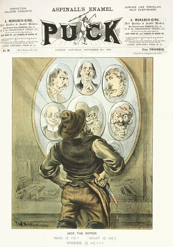 Illustration from Puck magazine showing Jack the Ripper viewing faces in a mirror, questioning his identity.