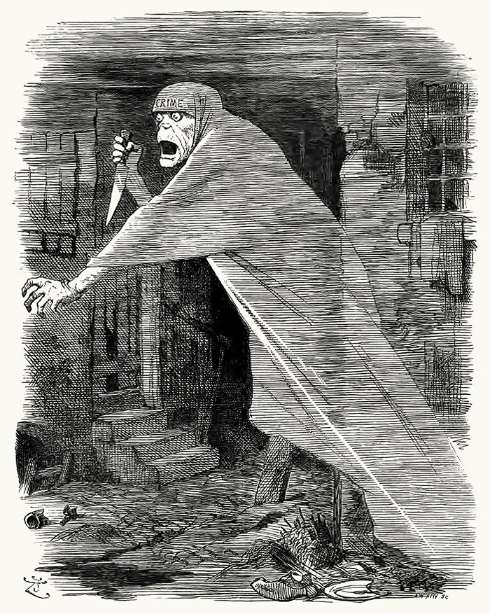 Illustration of Jack the Ripper holding a knife, depicted in a shadowy alley, representing the infamous criminal.