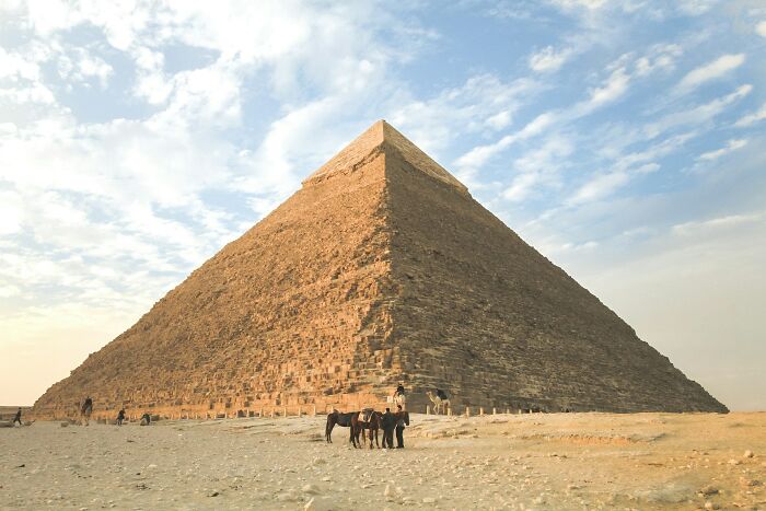 The Great Pyramid under a blue sky, camels resting nearby, highlighting random world facts.