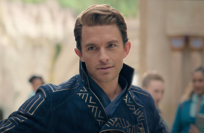 Jonathan Bailey in a blue patterned jacket from 'Wicked'.