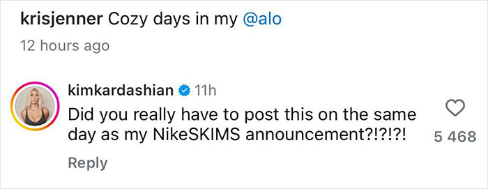 Kim Kardashian comments on Kris Jenner's post timing amid her Nike SKIMS launch.