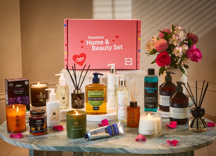 Lidl's Valentine's Day beauty box with candles, lotions, and skincare products on display, worth £60 but priced at £5.