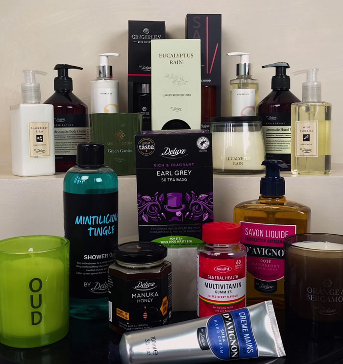 Lidl's Valentine's Day beauty box with various skincare and wellness products displayed on a shelf.