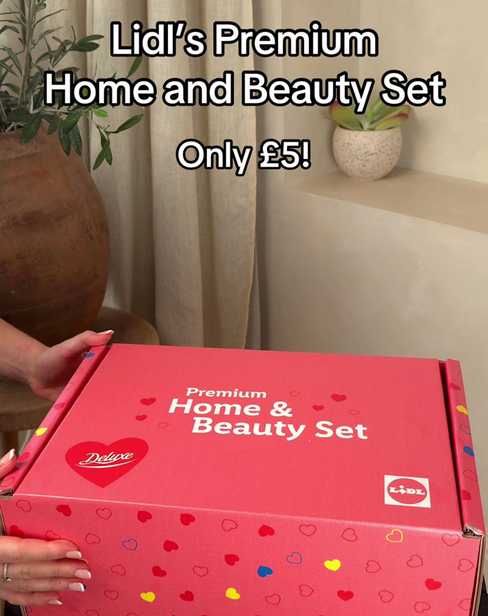 Lidl's Valentine's Day beauty box for £5, featuring products worth £60, in a red heart-themed package.