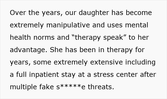 Text discussing a daughter’s manipulative behavior, highlighting her use of therapy language and past inpatient treatment.