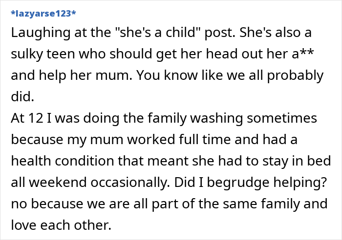 Text discusses a teen not helping mom with chores, emphasizing family teamwork.