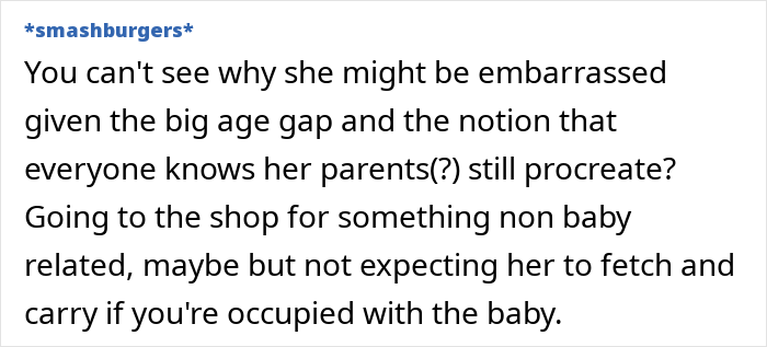 Text discussing a teenager's reluctance to help with childcare, mentioning an age gap and parental expectations.