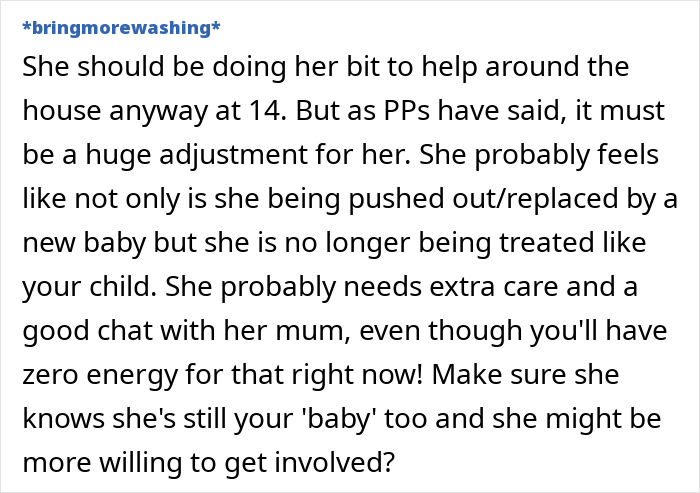 Text discussion on a 14-year-old adjusting to help after a new baby; mom's concern about her needing to grow up.