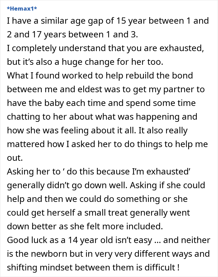 Text post discussing a 15-year age gap, challenges of involving a 14-year-old in helping with a newborn, and family dynamics.