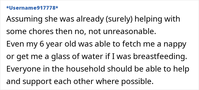 Comment discussing household help and responsibilities for children, mentioning a 6-year-old assisting a breastfeeding mom.