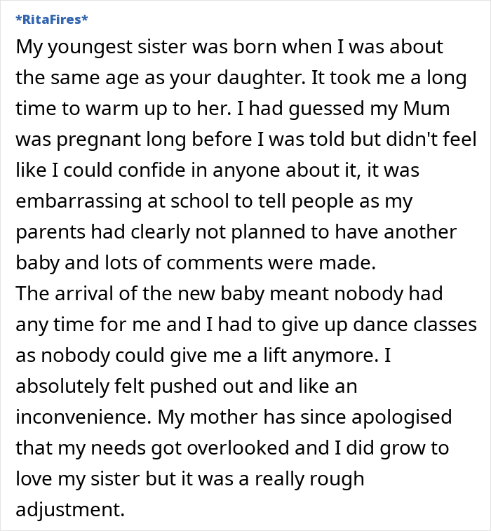 Text about a sibling feeling overlooked after a new baby joined the family, discussing family dynamics and emotional impact.